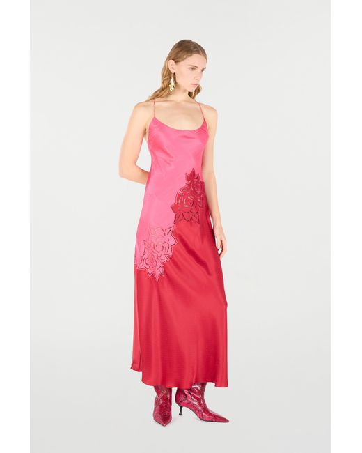 Roberto Cavalli Red Long Dress With Perforated Rose Pattern