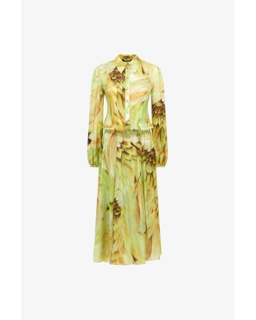 Roberto Cavalli Metallic Long Dress Plumage Print