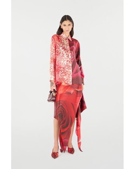 Roberto Cavalli Red Shirt With Jaguar Skin And Rose Print