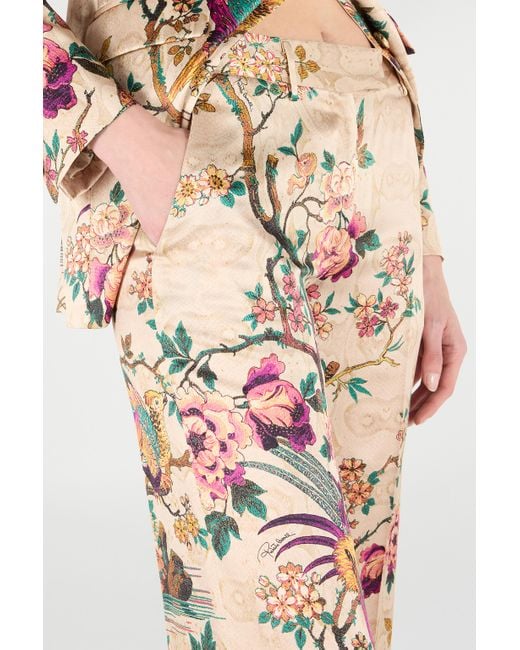 Roberto Cavalli White Palazzo Pants With Oriental Bird Print