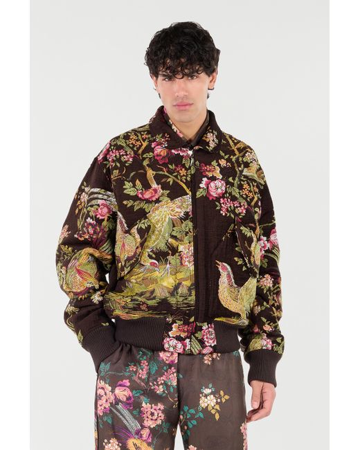 Roberto Cavalli Brown Bomber Jacket With Oriental Bird Print for men