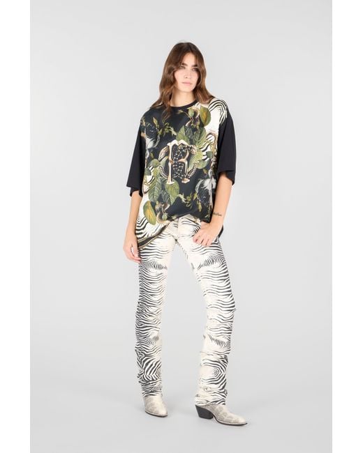 Roberto Cavalli Multicolor T-Shirt With Mirror Snake Monogram And Jungle Print