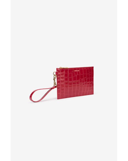 Roberto Cavalli Red Antique Rose Crocodile-Effect Clutch