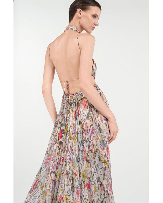 Roberto Cavalli Natural Long Chiffon Dress With Florentine Flowers Print