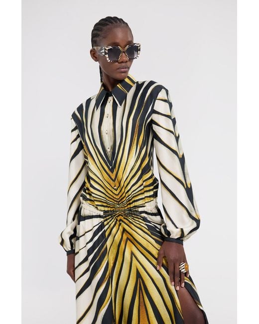 Roberto Cavalli White Ray Of Print Silk Midi Dress