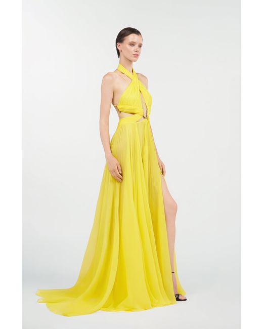 Roberto Cavalli Yellow Silk Maxi Dress With Cut-Outs