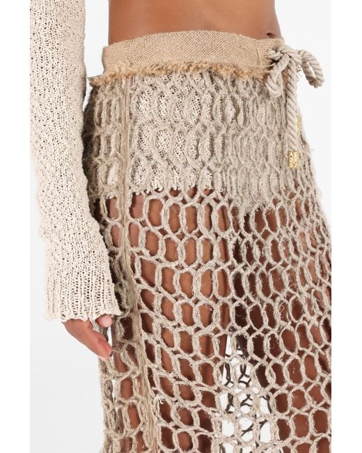 Roberto Cavalli Natural Long Mesh Skirt With Fringes
