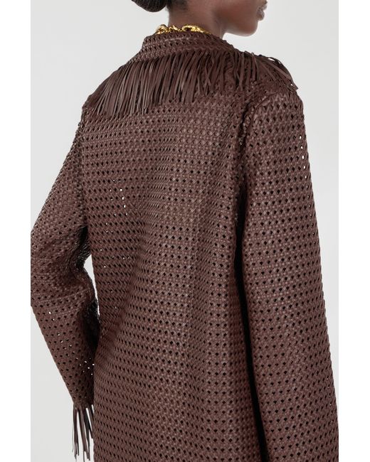 Roberto Cavalli Brown Woven Leather Coat With Fringes
