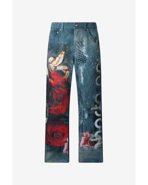 Roberto Cavalli Blue Jeans With Rose And Snake Print for men