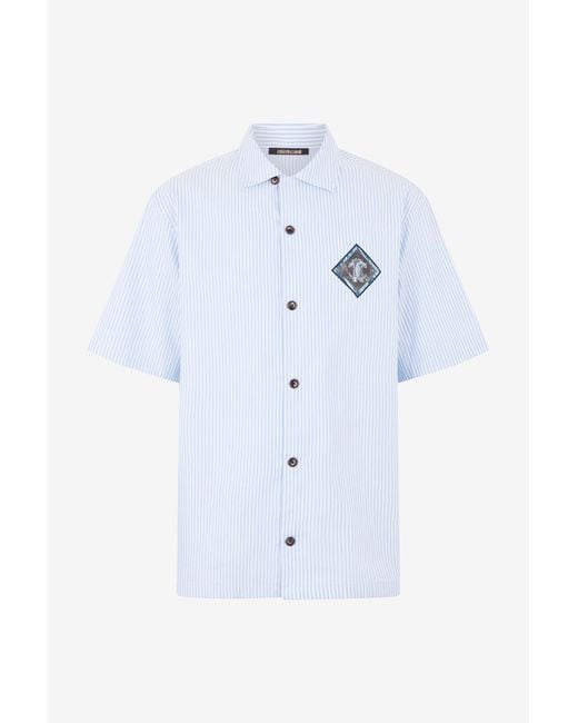 Roberto Cavalli Blue Striped Cotton Shirt With Monogram Rc Patch for men