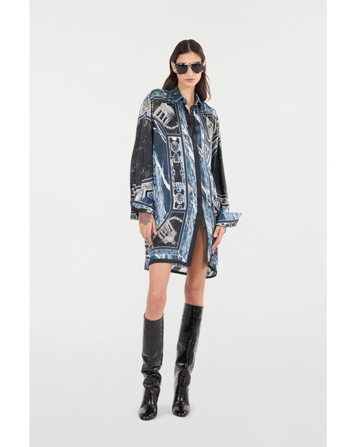 Roberto Cavalli Blue Short Silk Dress With Marble Print