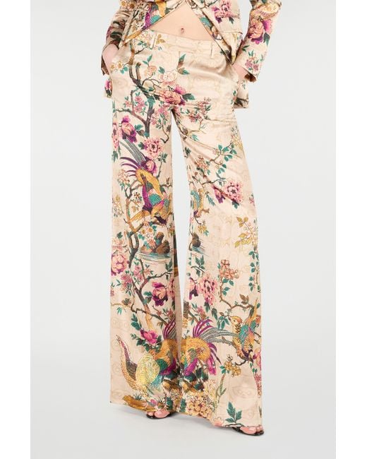Roberto Cavalli White Palazzo Pants With Oriental Bird Print
