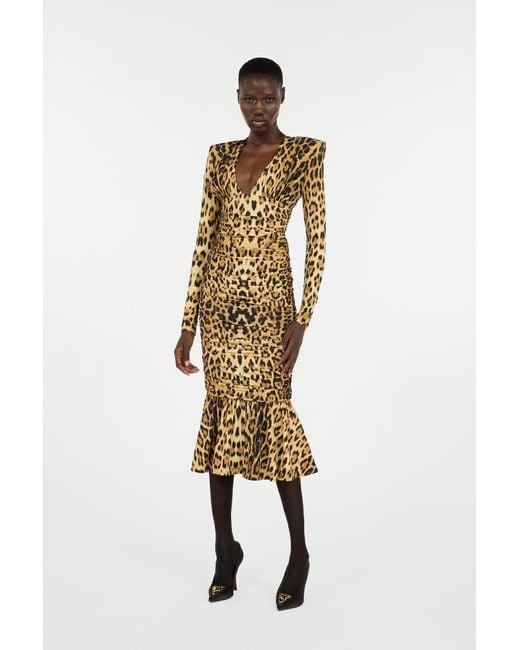 Roberto Cavalli Brown Midi Dress With Jaguar Skin Print