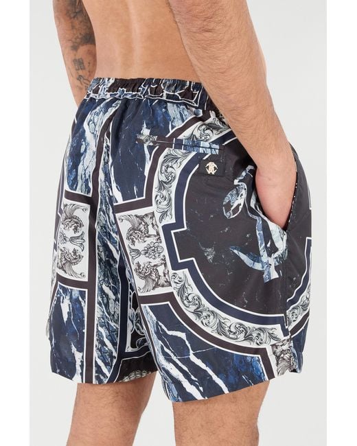 Roberto Cavalli Blue Swim Shorts With Fang And Marble Print for men