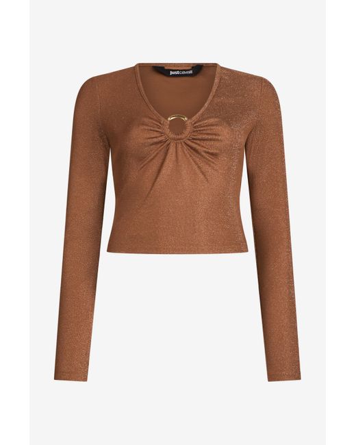 Roberto Cavalli Brown Bronze Lurex Crop Top With Ring Detail