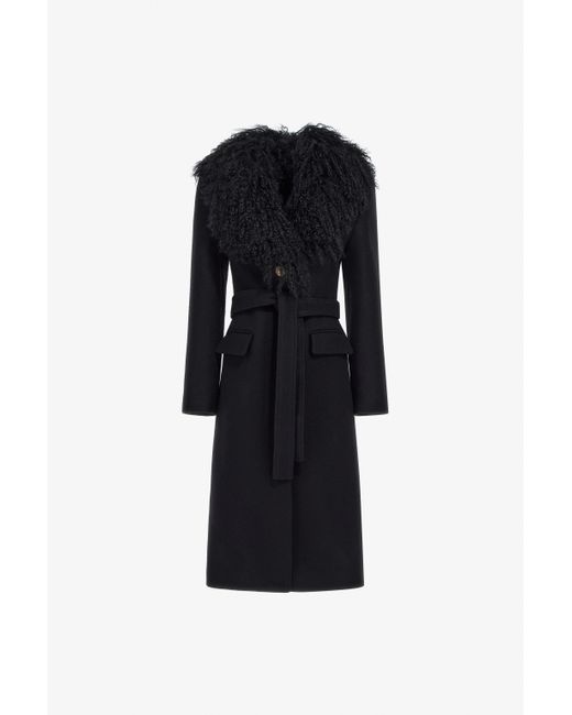 Roberto Cavalli Black Virgin Wool Coat With Fur Collar