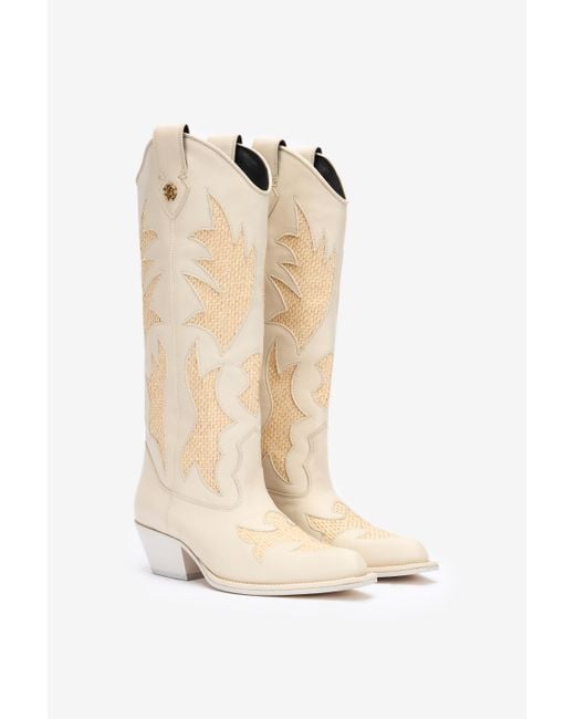 Roberto Cavalli White Texan Boots With Woven Inserts