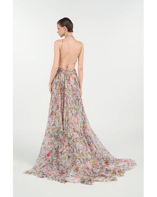 Roberto Cavalli Natural Long Chiffon Dress With Florentine Flowers Print