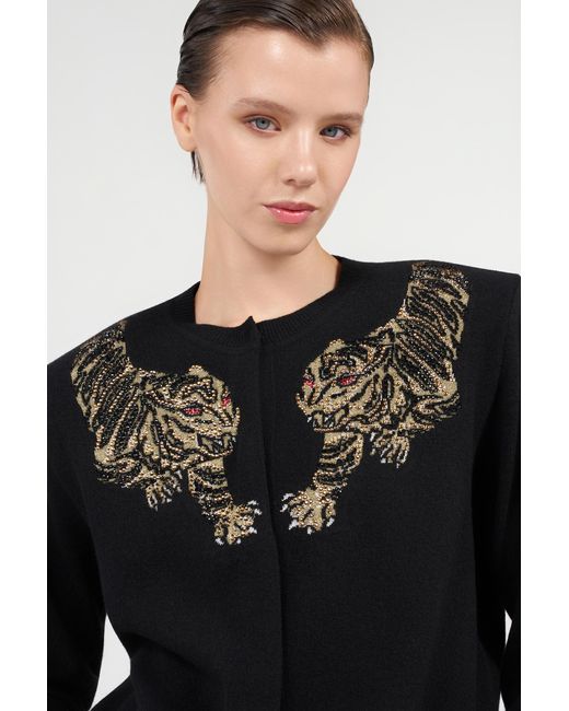 Roberto Cavalli Black Wool Cardigan With Tiger Embroidery