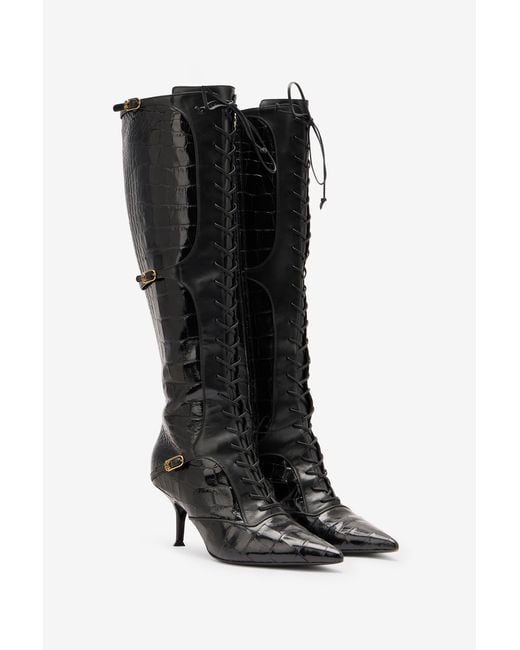 Roberto Cavalli Black Pointed Lace-Up Boots With Crocodile Effect