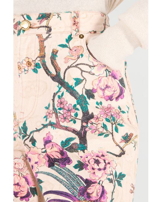 Roberto Cavalli White Jeans With Oriental Bird Print