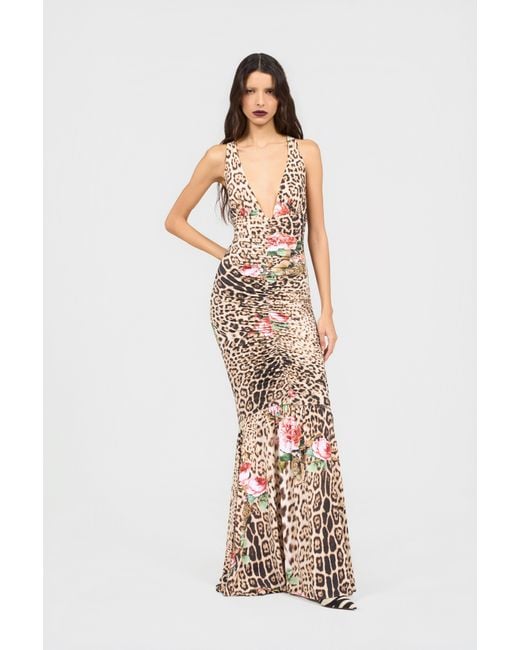 Roberto Cavalli White Jaguar Roses Print Dress