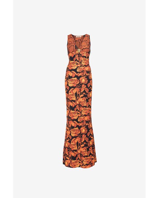 Abito Lungo Con Stampe Python E Rose di Roberto Cavalli in White
