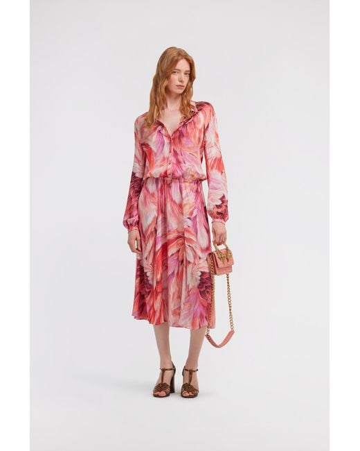 Roberto Cavalli Red Long Dress Plumage Print