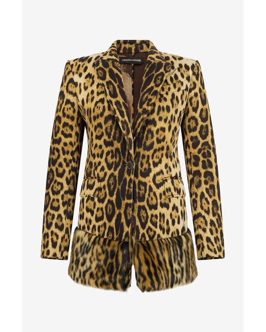 Roberto Cavalli Brown Single-Breasted Blazer With Jaguar Skin Print