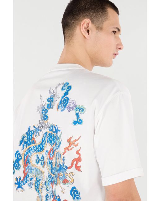 Roberto Cavalli White Cotton T-Shirt With Dragon And Logo for men