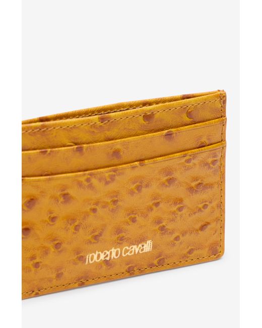 Roberto Cavalli Orange Ostrich-Effect Flat Card Holder