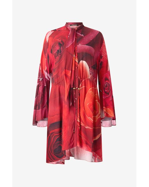 Roberto Cavalli Red Rose-Print Mini Dress With Pussy-Bow