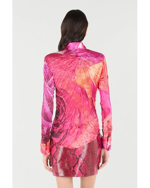 Roberto Cavalli Pink Shirt With Bejeweled Buttons And Rose Print