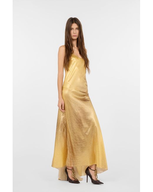 Roberto Cavalli Metallic Golden Silk Maxi Dress With Scale Print