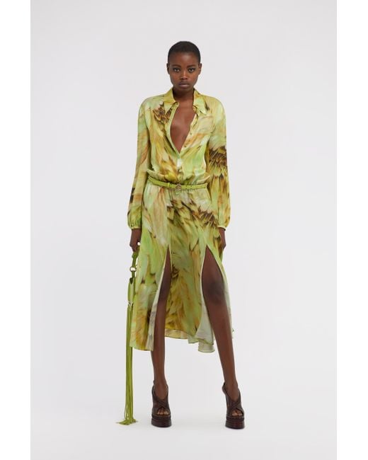 Roberto Cavalli Metallic Long Dress Plumage Print