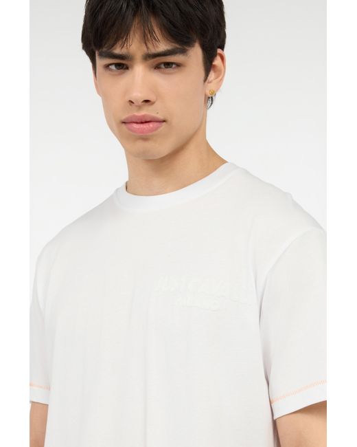 Roberto Cavalli White T-Shirt With Jc Monogram And Contrasting Topstitching for men
