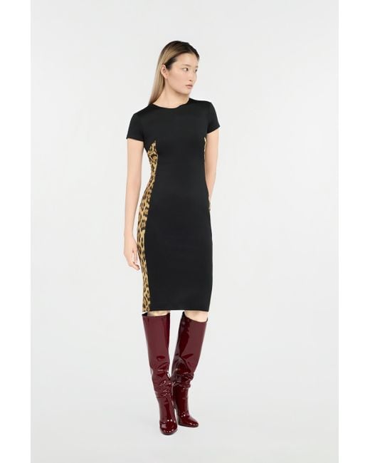 Roberto Cavalli Black Midi Dress With Leopard Print Panels