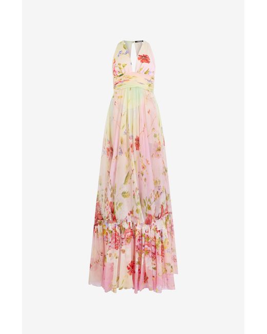 Roberto Cavalli White Long Chiffon Dress With Miami Flowers Print