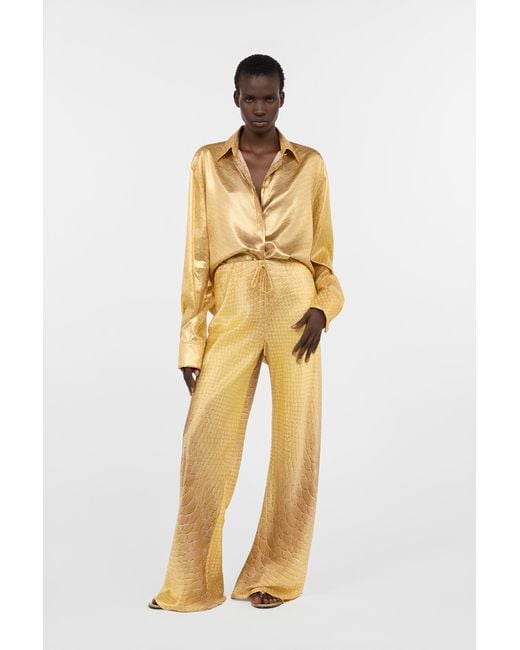 Roberto Cavalli Metallic Golden Silk Shirt With Serpentine Print