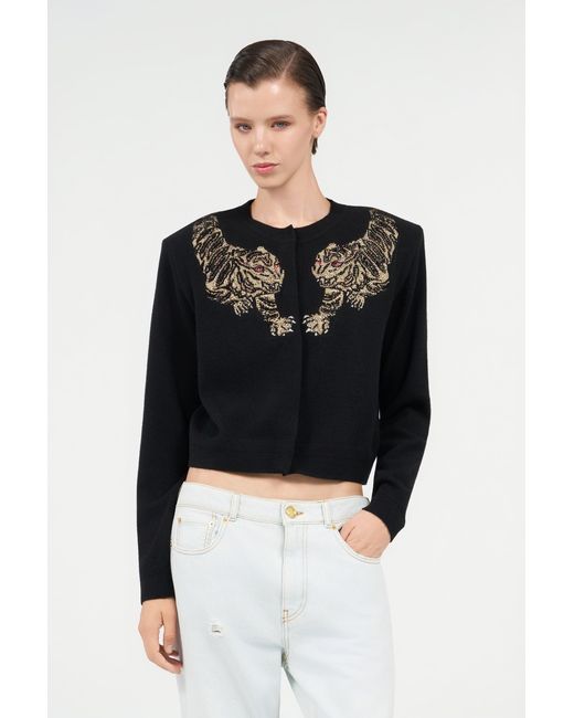 Roberto Cavalli Black Wool Cardigan With Tiger Embroidery