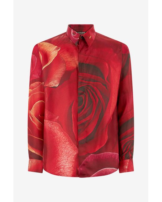 Roberto Cavalli Red Shirt With Garden Rose Print for men