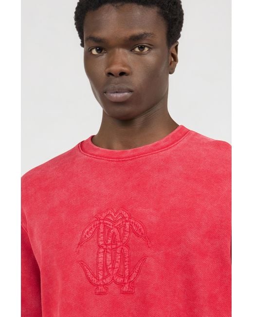 Roberto Cavalli Red Stone-Washed Sweatshirt With Monogram Rc for men