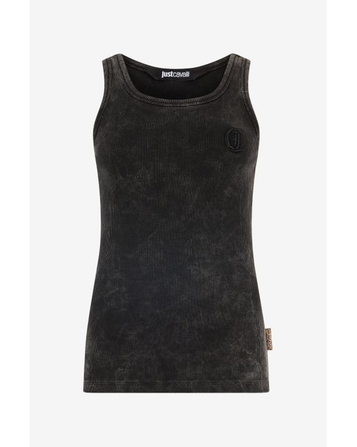 Camiseta Sin Mangas De Algodón Elástico Con Monograma Jc Roberto Cavalli de color Black
