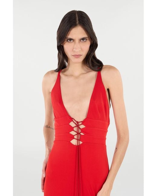 Roberto Cavalli Red Long Dress With Criss-Cross Detail