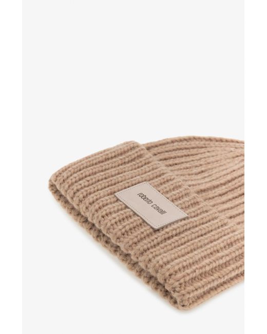 Roberto Cavalli Natural Ribbed Alpaca Blend Beanie With Logo for men
