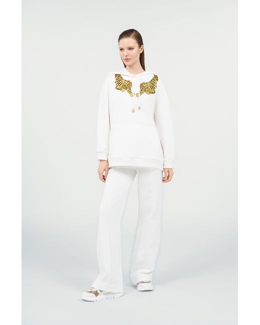 Roberto Cavalli White Sweatshirt Hoodie With Tiger Embroidery