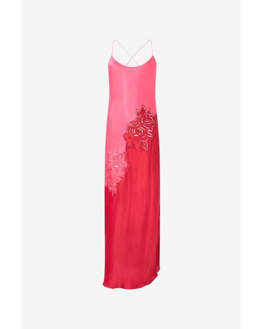 Roberto Cavalli Red Long Dress With Perforated Rose Pattern