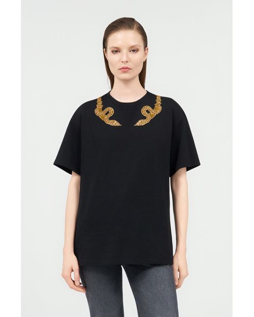 Roberto Cavalli Black T-Shirt With Snake Embroidery