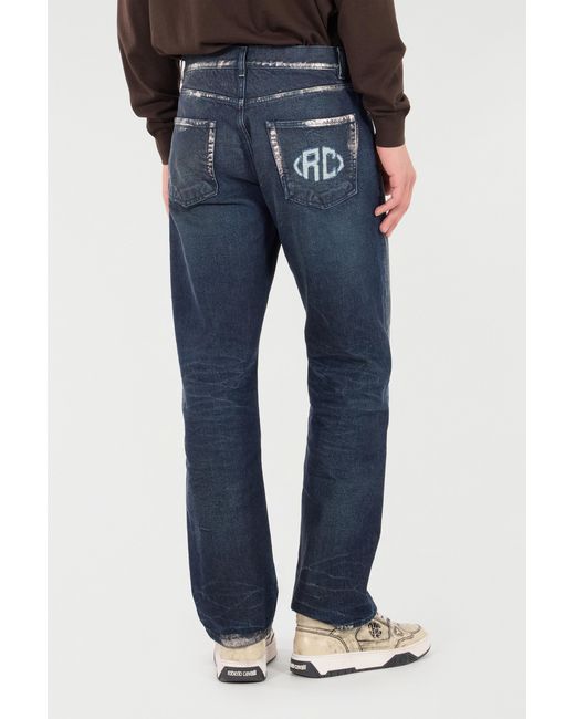 Roberto Cavalli Blue Sandblasted-Effect Jeans With Chain for men