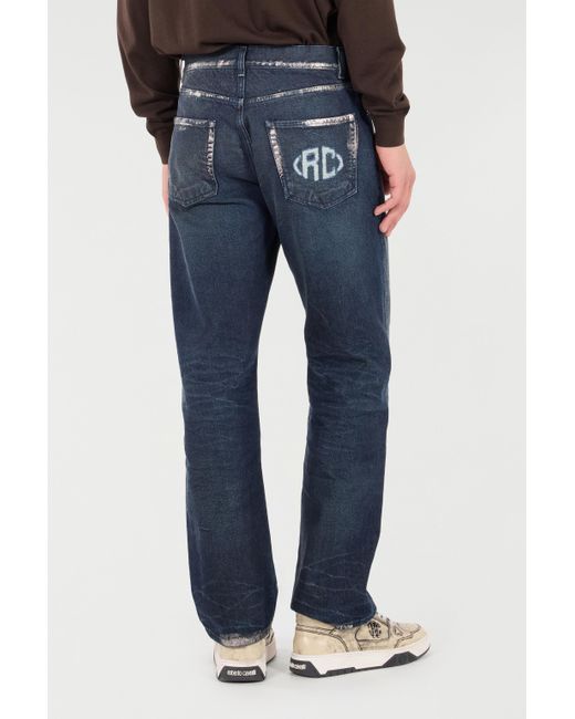 Roberto Cavalli Blue Sandblasted-Effect Jeans With Chain for men